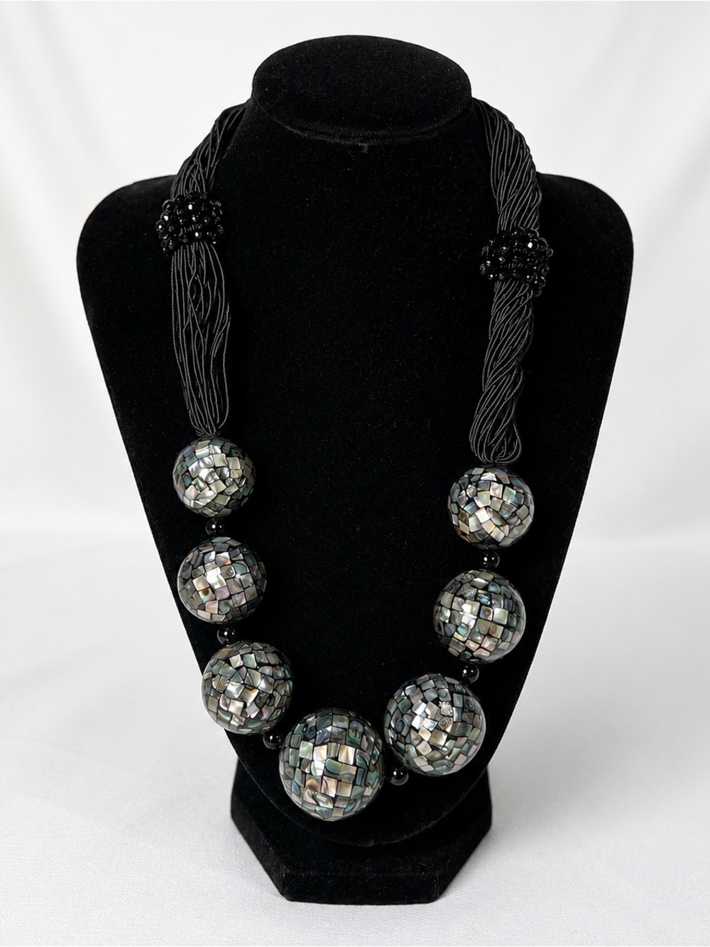 Sajen 925 Abalone Mosaic Bead Black Twisted Cord Statement Necklace Vintage
